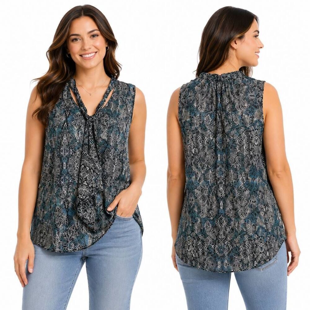 Forever 21 M Sleeveless Blouse Tie Neck Blue Animal Print